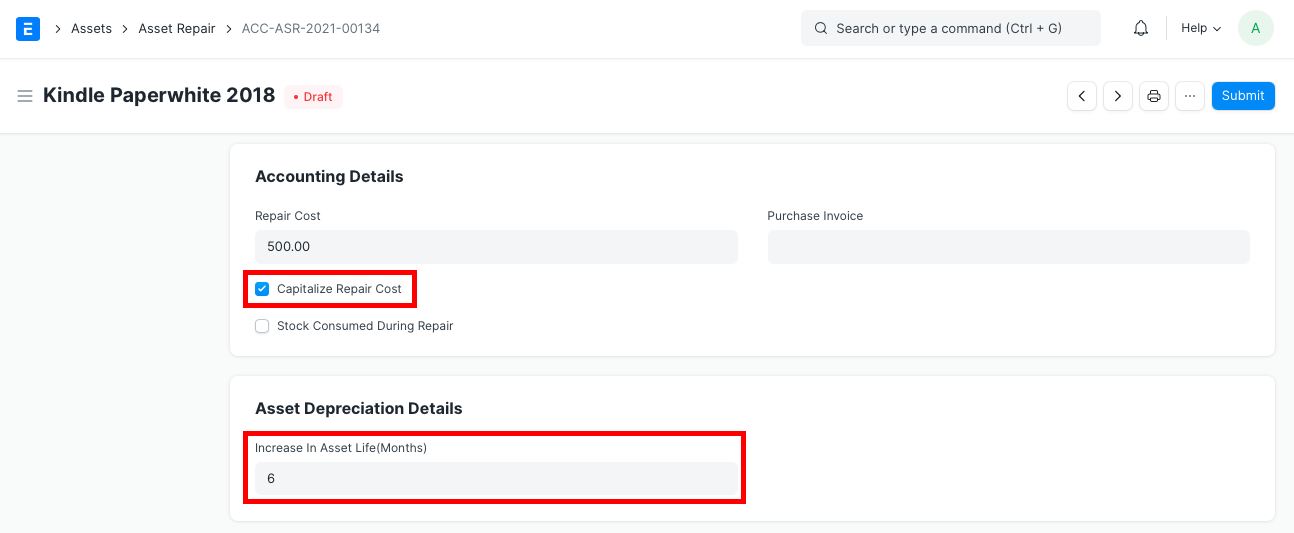 Asset Repair with Capitalize Repair Cost checked